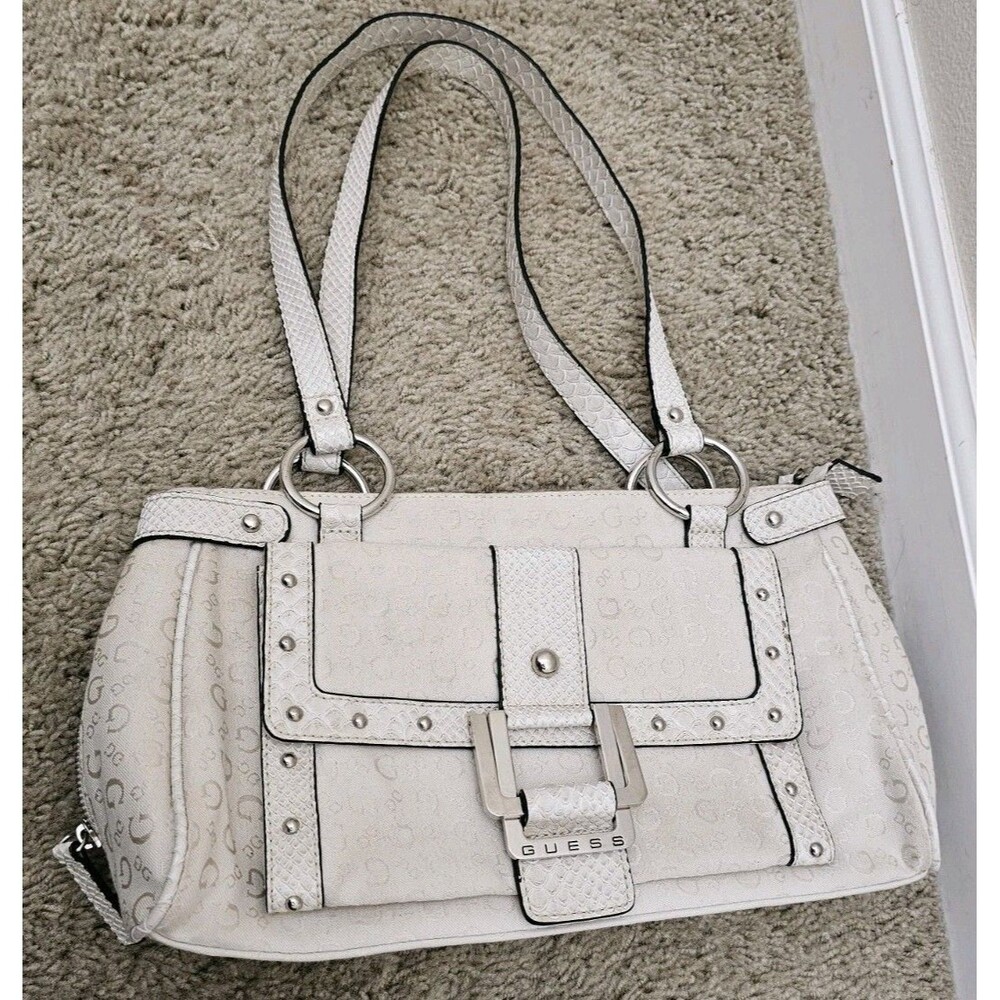 Guess Women's Shoulder Bag White Cream Signature G Monogram Silver Hardware Y2K